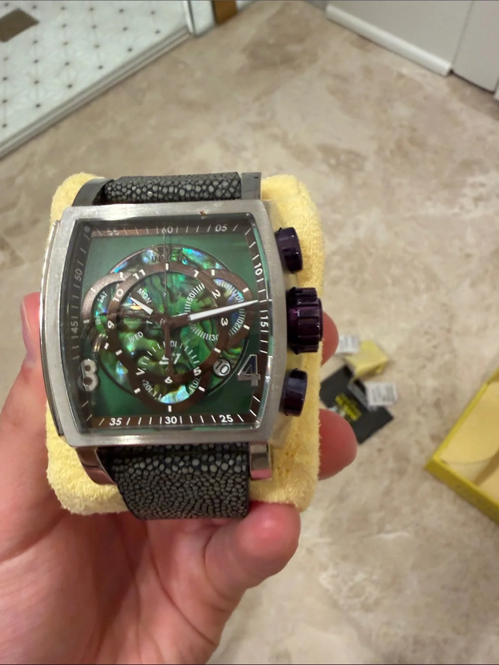 Invicta Men's Green Dial Chronograph Watch with Black Strap and Purple Accents